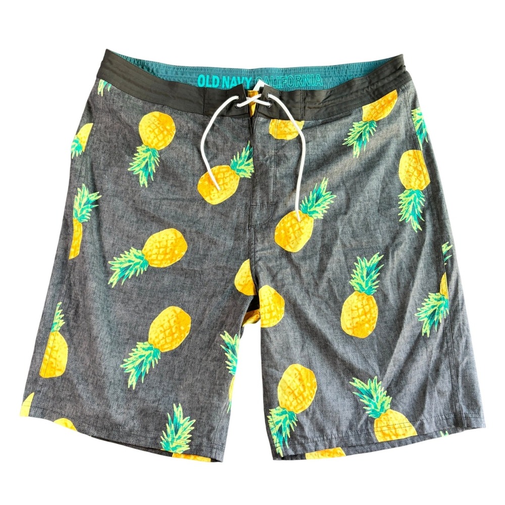 Old Navy Mens 40 Board Shorts Gray Pineapple Print Tropical Swim Trunks‎ Stretch